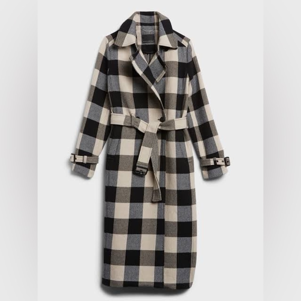 NWT Banana Republic Buffalo Check Plaid Long Wool Trench Coat Small petite